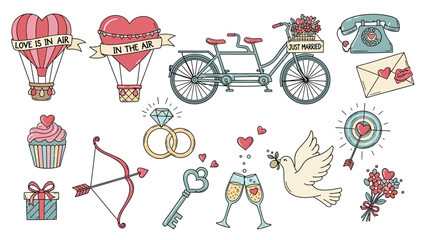 A collection of charming hand-drawn illustrations depicting romantic symbols and elements associated with love and relationships.