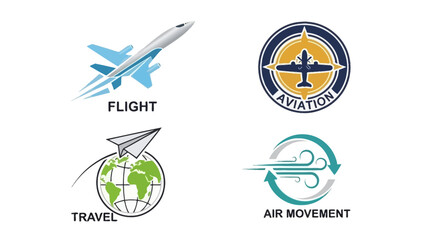 A collection of four distinct icons representing aviation, travel, and air movement, each with unique visual elements and accompanying text.