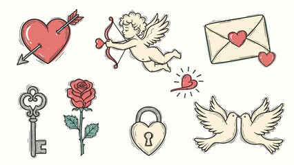 A collection of romantic symbols including a heart pierced by an arrow, a cupid, a love letter, a rose, a key, a padlock, and two doves.