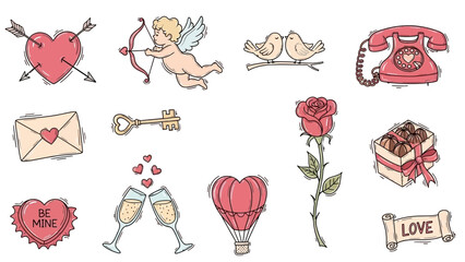 A collection of charming hand-drawn Valentine's Day icons including hearts, cupid, lovebirds, and romantic symbols.