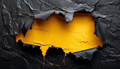 Torn black paper reveals a bright yellow center, edges are rough and textured