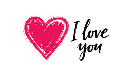 Heartfelt 'I love you' message in elegant black calligraphy next to a vibrant pink heart drawn with expressive, messy brush strokes.