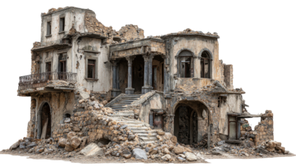 Ruined, aged building. Partial collapse, stairs, arched entry