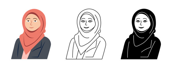 Young happy Muslim businesswomen wearing traditional scarf minimalist vector