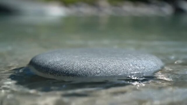 Close Up Of A Round Grey Stone Submerged In Crystal Clear Shallow Water With Sun Glinting Off The Surface And Soft Focus Background Of Greenery And Blue Sky