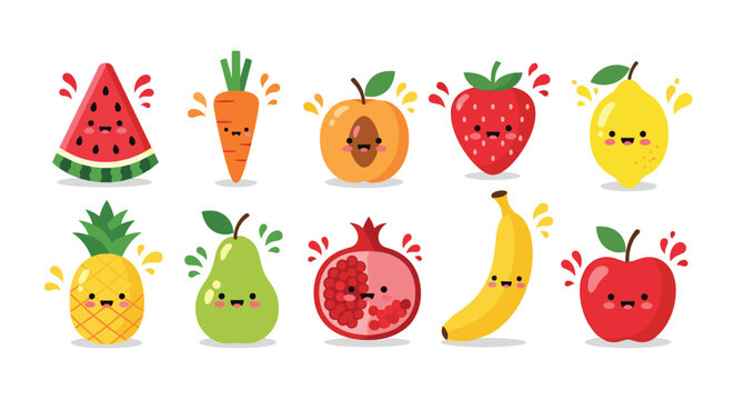 Adorable collection of ten kawaii-style fruits and vegetables with cute smiling faces, including watermelon, strawberry, and pineapple.