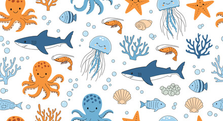 Obraz premium Cute and colorful seamless pattern for children featuring various sea animals like sharks, jellyfish, octopuses, and starfish.