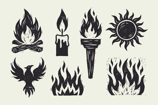 Vintage Fire and Heat Symbol Collection in Woodcut Style