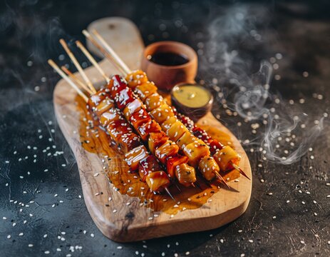 Sizzling Sate Lele Ultra-realistic Studio Photo Capturing the Aromatic Steam Rising from Perfectly Grilled Fish Skewers Drizzled with Savory Sauce