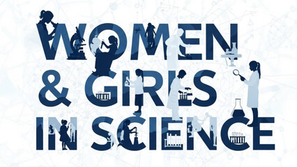Women and girls in science concept with silhouettes of female scientists working in laboratory settings with various scientific equipment with women in science