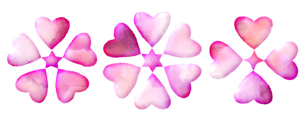 Set of pink watercolor hearts and stars. Romance themed design elements with transparent background. Suitable for Valentine's Day.