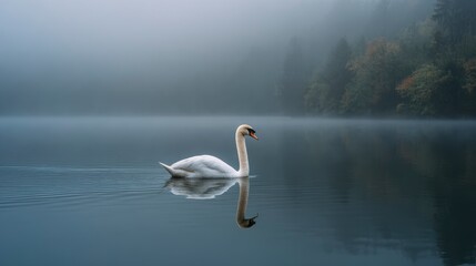 A serene image of a white swan gracefully gliding across a tranquil lake with its reflection visible in the calm water, forest in the background