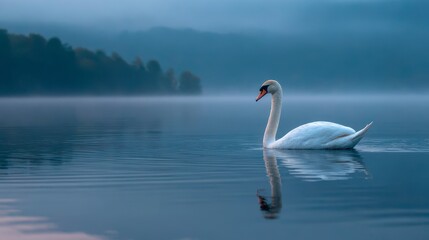 Fototapeta premium A serene image showcasing a swan gliding gracefully on a tranquil lake shrouded in morning mist, with the reflection clearly visible