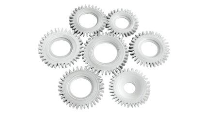 White gears interlocked, isolated on black backdrop