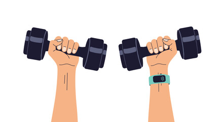 Two raised arms holding heavy dumbbells with one arm wearing a fitness tracker watch for a gym workout and strength training.