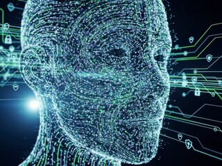 A futuristic digital illustration of a human head in profile made of tiny glowing blue and green lines and dots