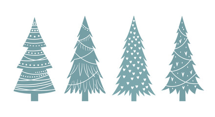 Fototapeta premium A set of four stylized blue christmas trees with various white decorative patterns in a simple scandinavian folk art style.