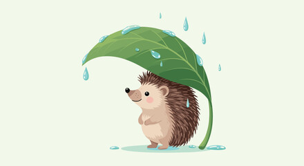 A cute and charming cartoon hedgehog smiles while taking shelter from the rain under a large green leaf like an umbrella vector.