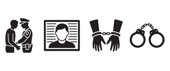 Obraz premium Crime and Punishment Icon Set Featuring Police Arrest, Mugshot, Handcuffed Hands, and Metal Handcuffs for Legal and Justice Themes