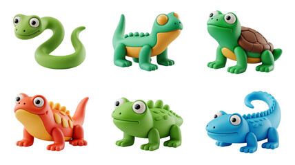 Naklejka premium Collection of six charming 3d rendered reptile and amphibian figures including a snake, lizards, and a turtle on transparent background
