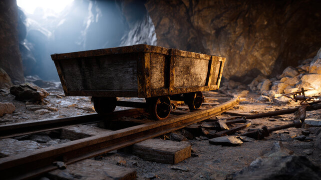 Rusted Steel Mining Cart on Rails Inside a Deep Cave Surrounded by Rock and Dust with Soft Light Illuminating the Scene