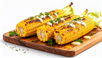 Grilled corn on the cob, drizzled with sauce and parsley, on a wooden cutting board