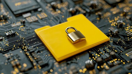 A yellow folder with a closed padlock rests on a circuit board, suggesting data protection and security