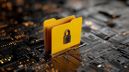 Conceptual image of a yellow file folder with a padlock icon on a circuit board, symbolizing data protection