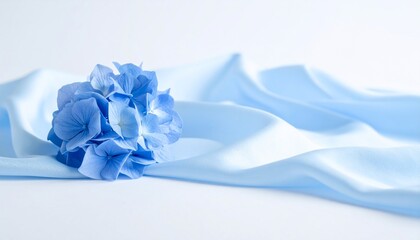 A delicate blue hydrangea rests on flowing pale blue fabric, against a bright white backdrop