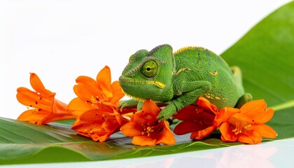 A vibrant green chameleon perched on a green leaf with bright orange flowers, white background