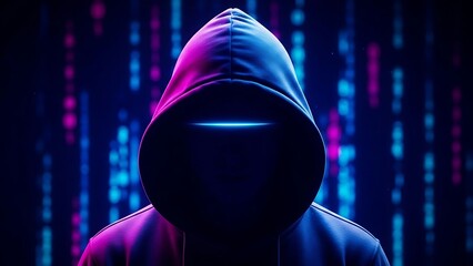 Mysterious hooded figure in neon lit digital environment with coding background