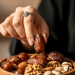 Arab Woman Eating Dates and Nuts with Fingers Close-Up