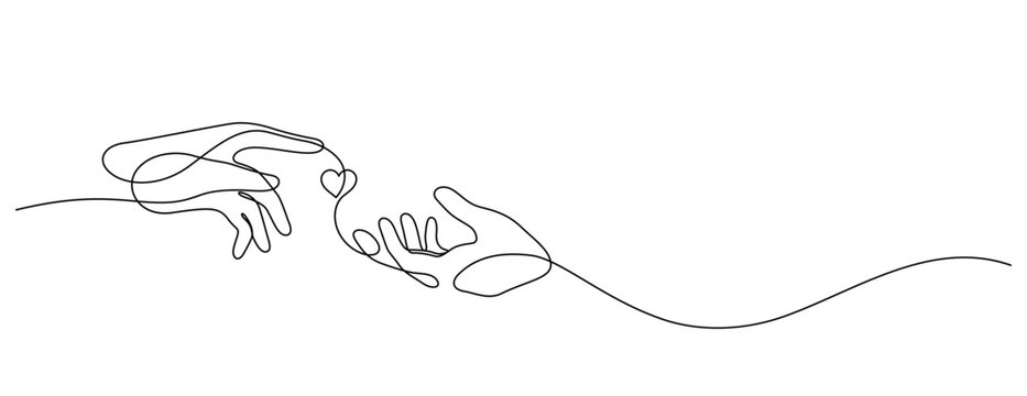 two hands connection with heart one line drawing continuous copy space decorative minimalism love concept