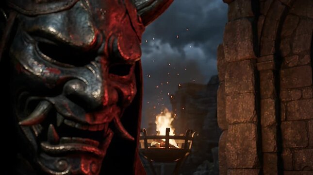 Ancient demon mask close up with flames and stone background