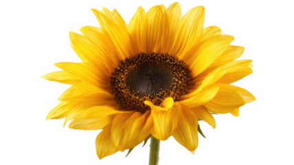 Bright yellow sunflower bloom with detailed petals and natural seed center floral macro photography isolated on white background
