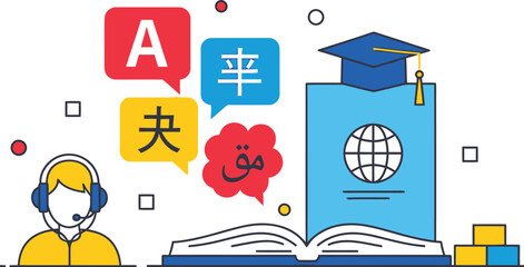 Illustration concept depicting global language learning services including multilingual communication support, educational materials, and international travel documentation like a passport.