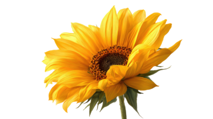 Golden yellow sunflower bloom with layered petals detailed seed head botanical macro flower photography isolated on white background