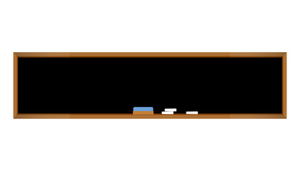 Wide chalkboard background, horizontal classroom blackboard with wooden frame chalk and eraser isolated for education lesson template and copy space © Lepe PNG