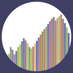 Vector Illustration of a Colorful Bar Chart Inside a White Circular Frame over a Dark Purple Background, Representing Data Analytics, Business Growth Statistics, and Financial Performance