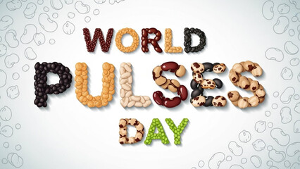 World pulses day celebration with colorful beans and legumes arranged as text on white background with bubble pattern with food and health and wellness