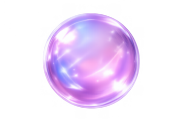 Iridescent clear soap bubble or glass sphere reflecting pink and purple light on transparent background