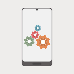 Flat Vector Illustration of a Modern Smartphone with Colorful Interlocking Gears on the Screen Representing Mobile Settings, System Optimization, Software Updates, and Technical Support