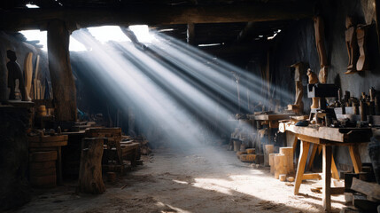Bright Sunbeams Illuminate a Woodcarving Studio Filled with Half-Finished Wooden Puppets and Crafting Tools