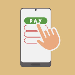 Flat Vector Illustration of a Modern Smartphone with a Green PAY Button and a Hand Cursor Icon on the Screen Representing Online Payment, Digital Transaction, and E-commerce Checkout