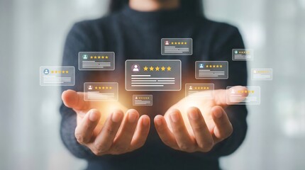 a person is holding glowing digital review cards with star ratings and user profile icons in their outstretched hands representing customer feedback