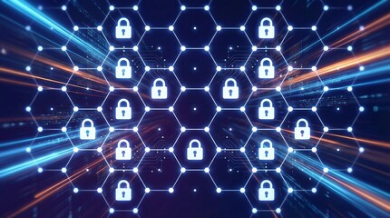 a futuristic representation of data security is shown with glowing blue locks within a hexagonal grid network illuminated by streaks of light