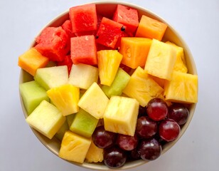 Vibrant fruit salad with juicy watermelon, pineapple, grapes and melon