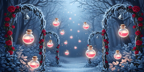 Enchanted winter forest path with glowing potions and red roses