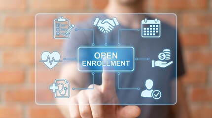 a person is interacting with a transparent digital interface displaying open enrollment icons relating to health finance and support services high quality professional