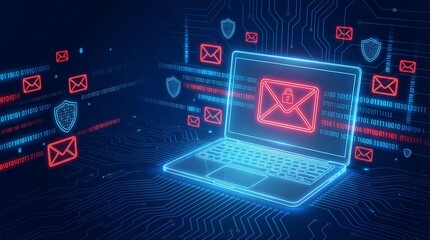 a digital representation of cyber security showcasing a glowing laptop with a lock symbol inside an email surrounded by network lines and shields